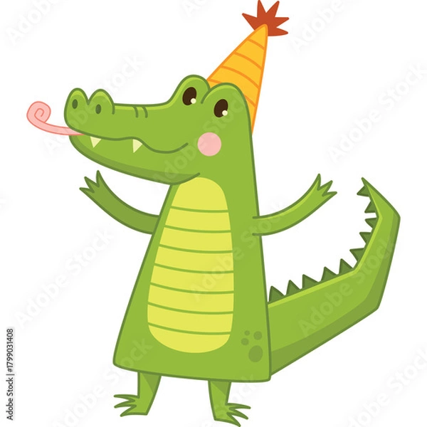 Fototapeta Happy Green Cartoon Alligator Wearing A Party Hat And Blowing A Party Horn With A Pink Cheeks And Open Arms On A Transparent Background