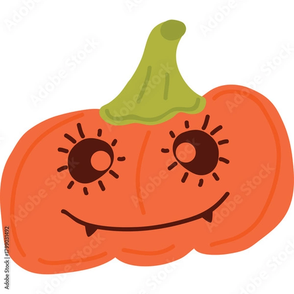 Fototapeta Happy Orange Halloween Pumpkin with Green Stem and Cute Face with Small Fangs and Star Eyes Isolated on Transparent Background