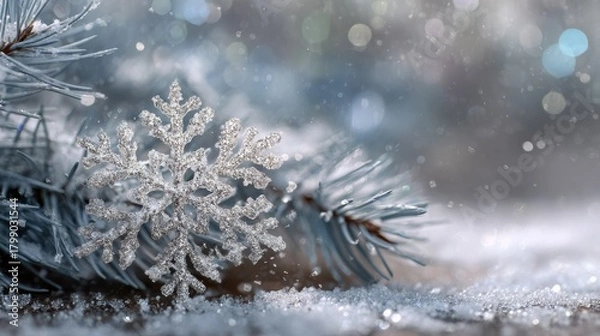 Fototapeta delicate snowflake crystal covered in frost and glittering against a blurred cozy winter background with pine branches and holiday deco ns