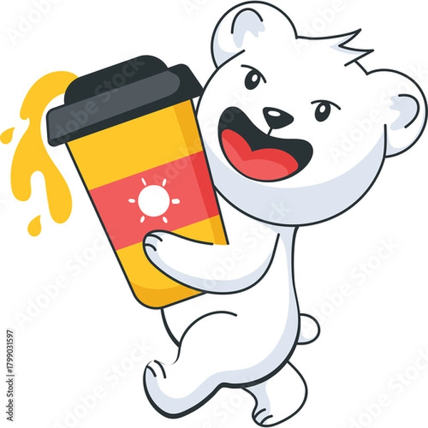 Fototapeta Happy polar bear character running with a to go coffee cup splashing yellow liquid against a transparent background cartoon illustration