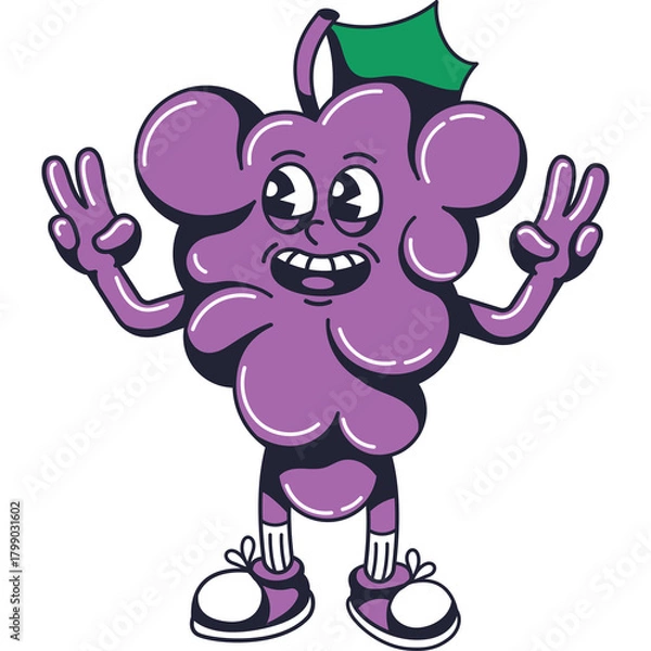 Fototapeta Happy purple grape character with green leaf wearing sneakers and white socks giving peace signs with both hands with a wide smile and big eyes on a transparent background