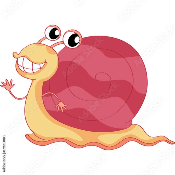 Fototapeta Happy cartoon snail character waving hello with a wide smile and big eyes against a white background with a pink swirl shell