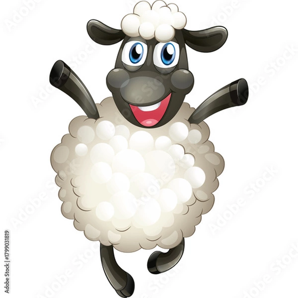 Fototapeta Happy Cartoon Sheep With White Wool And Black Face Jumping With Joy Against A Transparent Background