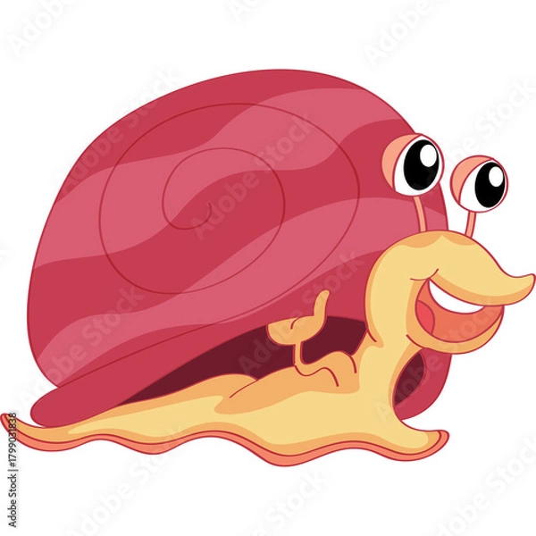 Fototapeta Happy cartoon snail with a large pink shell and a smiling face on a transparent background