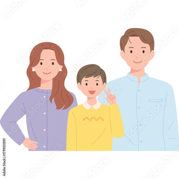 Fototapeta Happy family portrait featuring a mother father and son with a white background and transparent details conveying unity and joy