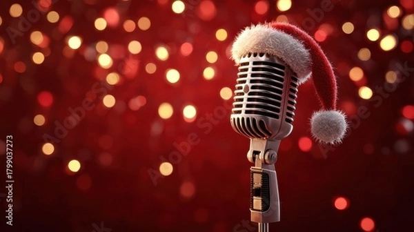 Fototapeta a festive vintage microphone adorned with a santa hat against a red backdrop with twinkling lights evoking a holiday atmosphere for musical performances