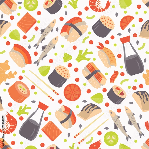 Fototapeta Japanese Sushi and Sashimi seamless pattern.