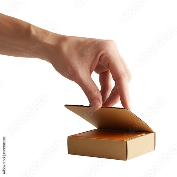 Fototapeta Human hand opening a small cardboard box with a lid slightly ajar isolated on transparent background
