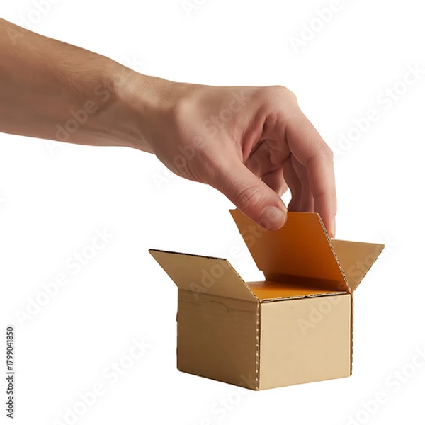 Fototapeta Hand placing a small orange card into a miniature cardboard box isolated on transparent background