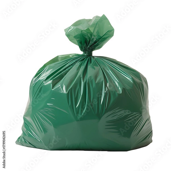 Fototapeta A full green garbage bag tied shut with its opening isolated on transparent background