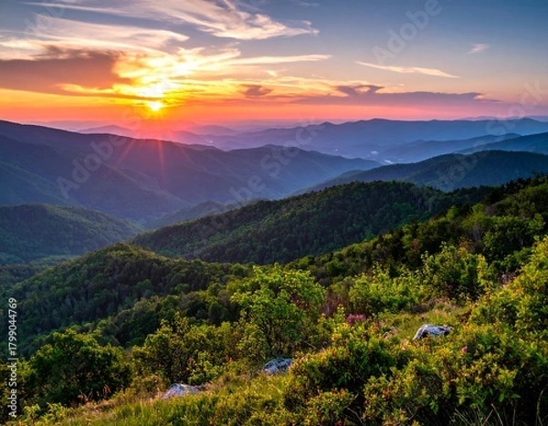 Obraz Panoramic view of mountain ranges during a vibrant sunrise