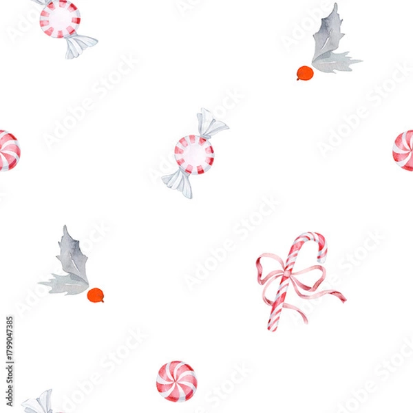 Obraz Christmas Candy Pattern with Holly and Peppermint