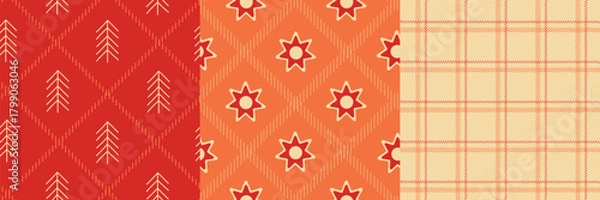 Obraz Christmas Seamless Patterns Set. Plaid, Tree and Star Holiday Backgrounds