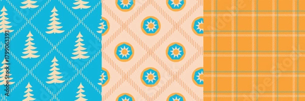 Obraz Retro Christmas Seamless Pattern Set. Tree, Star and Plaid in Bright Tropical Colors