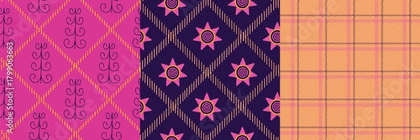 Obraz Neon Christmas Pattern Set. Seamless Trees, Stars and Plaid in Bold Colors