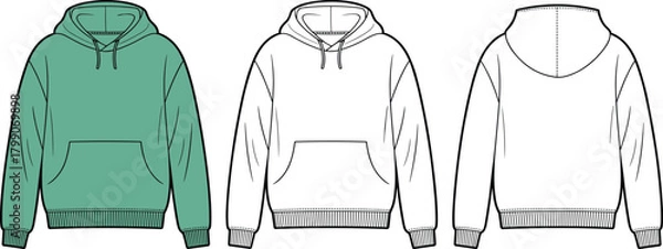 Fototapeta Hooded Sweatshirt Technical Sketch – Front and Back Views with Color Variant for Fashion Design