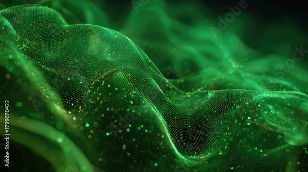 Fototapeta Green digital wave flowing particles data visualization network