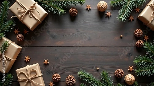 Fototapeta A festive arrangement of wrapped gifts, pine branches, and seasonal decorations on a rustic wooden background.