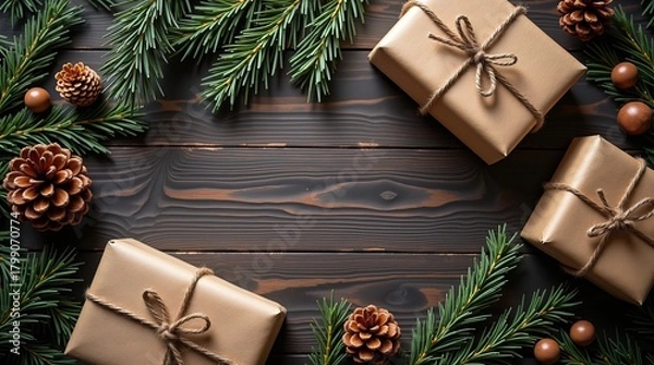 Obraz Three beautifully wrapped gifts surrounded by pine branches and pinecones, creating a festive holiday atmosphere.