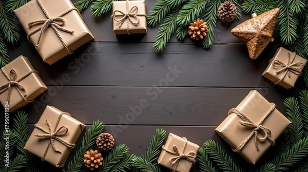 Fototapeta Elegant arrangement of wrapped gifts surrounded by pine branches and holiday decor.