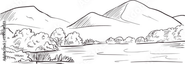 Fototapeta Mountain lake trees sketch nature