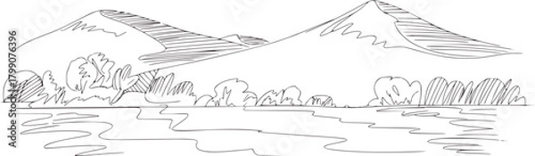 Fototapeta Mountains trees and water line drawing landscape black