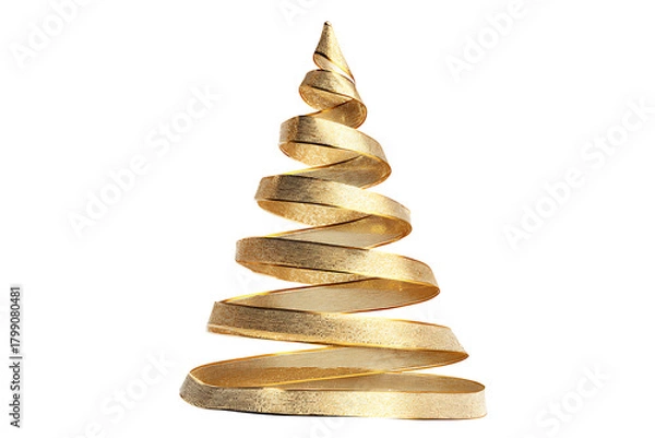 Fototapeta Minimalist Christmas Tree Made of Golden Spiral Ribbon, isolated on a transparent background.
