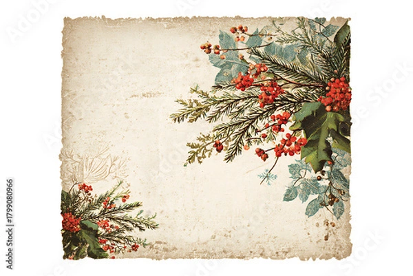 Fototapeta Vintage Christmas Postcard with Decorated Tree and Stamps, isolated on a transparent background.
