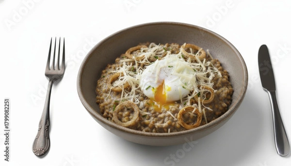 Fototapeta Buckwheat porridge with poached egg and parmesan