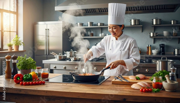 Fototapeta A chef prepares a dish in a professional kitchen