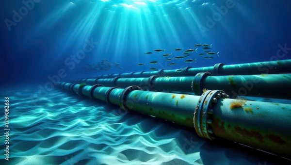 Fototapeta Underwater pipelines on the seabed in the sun's rays