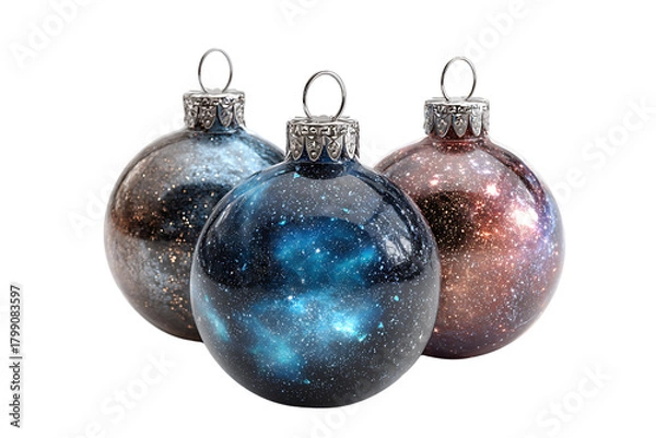 Fototapeta Collection of Sparkling Galaxy Christmas Baubles, isolated on a transparent background.