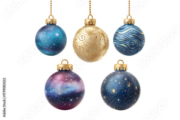Fototapeta Collection of Sparkling Galaxy Christmas Baubles, isolated on a transparent background.