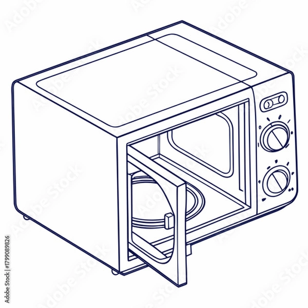 Fototapeta An isometric line drawing of a modern kitchen microwave oven with its door open revealing the interior turntable and control knobs on the side