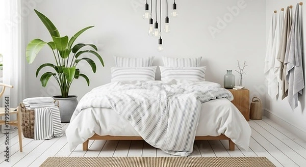 Fototapeta Bird of paradise plant complements the modern bedroom aesthetic with clean lines and natural light