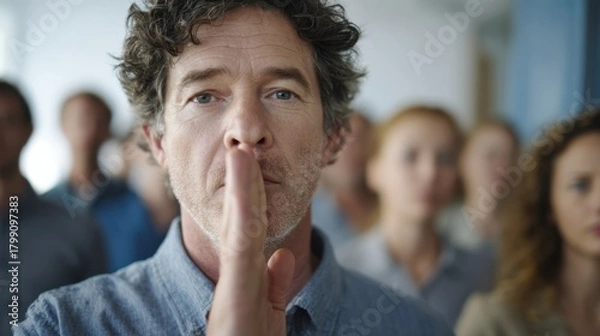 Fototapeta Close-up of a Serious Man with Finger on Lips Asking for Silence in Crowd