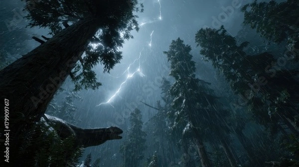 Fototapeta Dramatic thunderstorm in the rainforest with lightning and heavy rain at night
