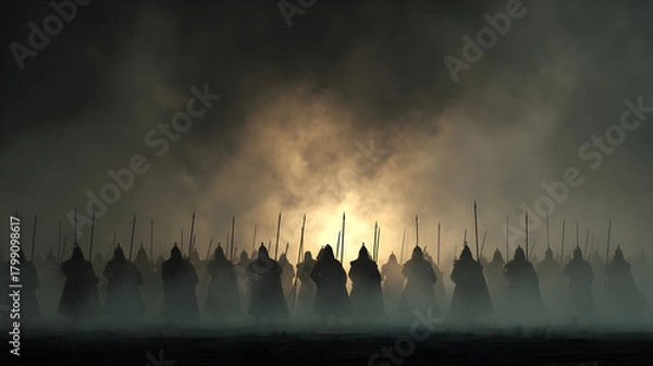 Fototapeta Mysterious medieval battlefield with silhouetted phalanx warriors at dusk