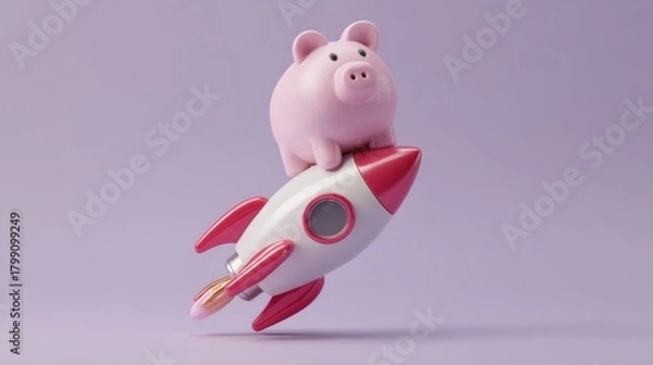 Obraz A cute cartoon dolphin sits atop a pink and white rocket during launch against a soft lavender backdrop,
