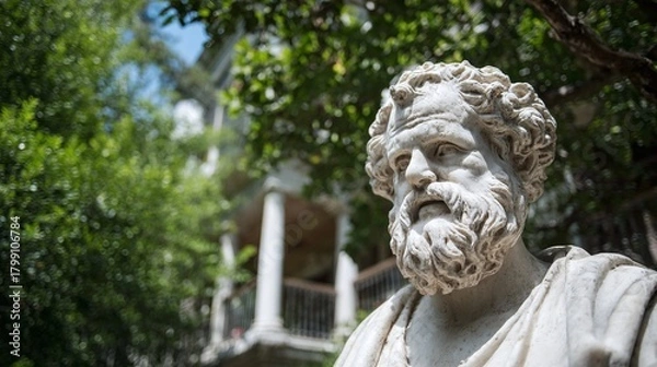Fototapeta Stone monument in park featuring a white-bearded man bust with a house and blurred green foliage.  Architectural sculpture embodying history and nature's embrace in public art.