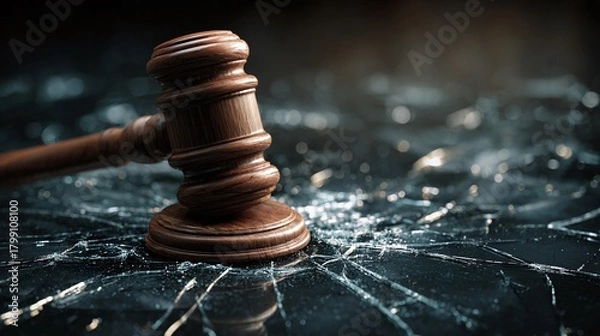 Fototapeta Wooden gavel resting on shattered glass, symbolizing legal implications, broken justice, or a critical judgment. The dramatic setting heightens the sense of finality.