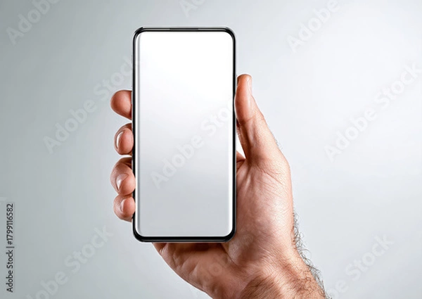 Fototapeta Hand holding a smartphone with blank screen on white background in sharp focus