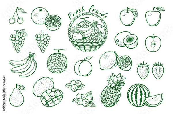 Fototapeta 果物　フルーツ　線画イラスト　アイコンセット