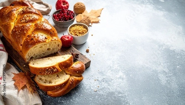 Obraz Golden Challah Bread on a Rustic Board with Fall Elements in a Soft Lit Studio for Culinary or Lifestyle Purposes.
