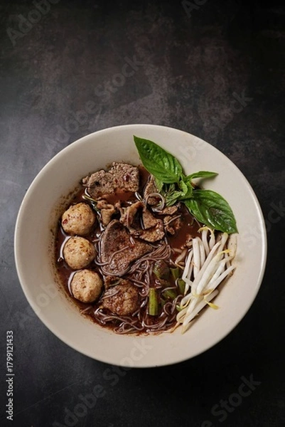 Obraz Thai Boat Noodles (Kuay Teow Reua) with Blood Soup, pork, Meatballs, and Basil
