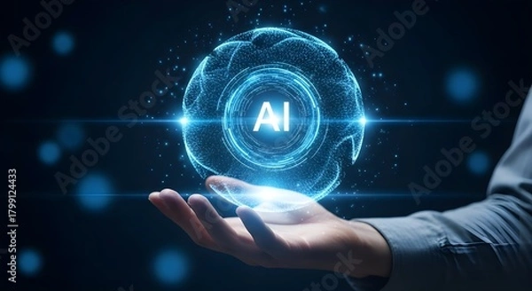 Obraz Futuristic glowing ai brain hologram floating above an open hand against a dark background