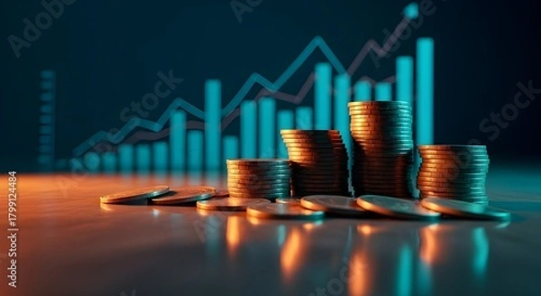 Obraz Financial growth and investment success represented by rising stacks of coins and a vibrant stock market graph