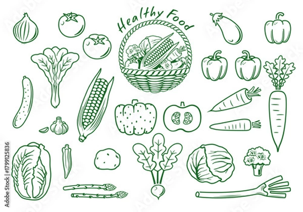 Fototapeta 野菜　線画イラスト　アイコンセット　ベクター