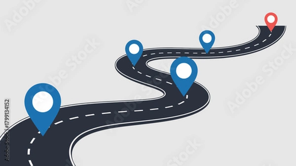 Obraz Winding road with multiple blue location pins leading to a red destination marker, symbolizing a strategic journey