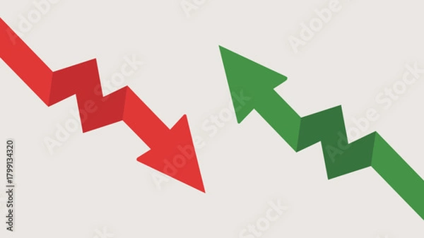 Obraz Red downward zigzag arrow and green upward zigzag arrow symbolizing financial market trends, economic fluctuations, and data analysis.